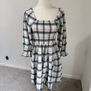 Madewell Lucie Plaid Smocked Shirred Square Neck Midi Dress Small Cottage Prarie